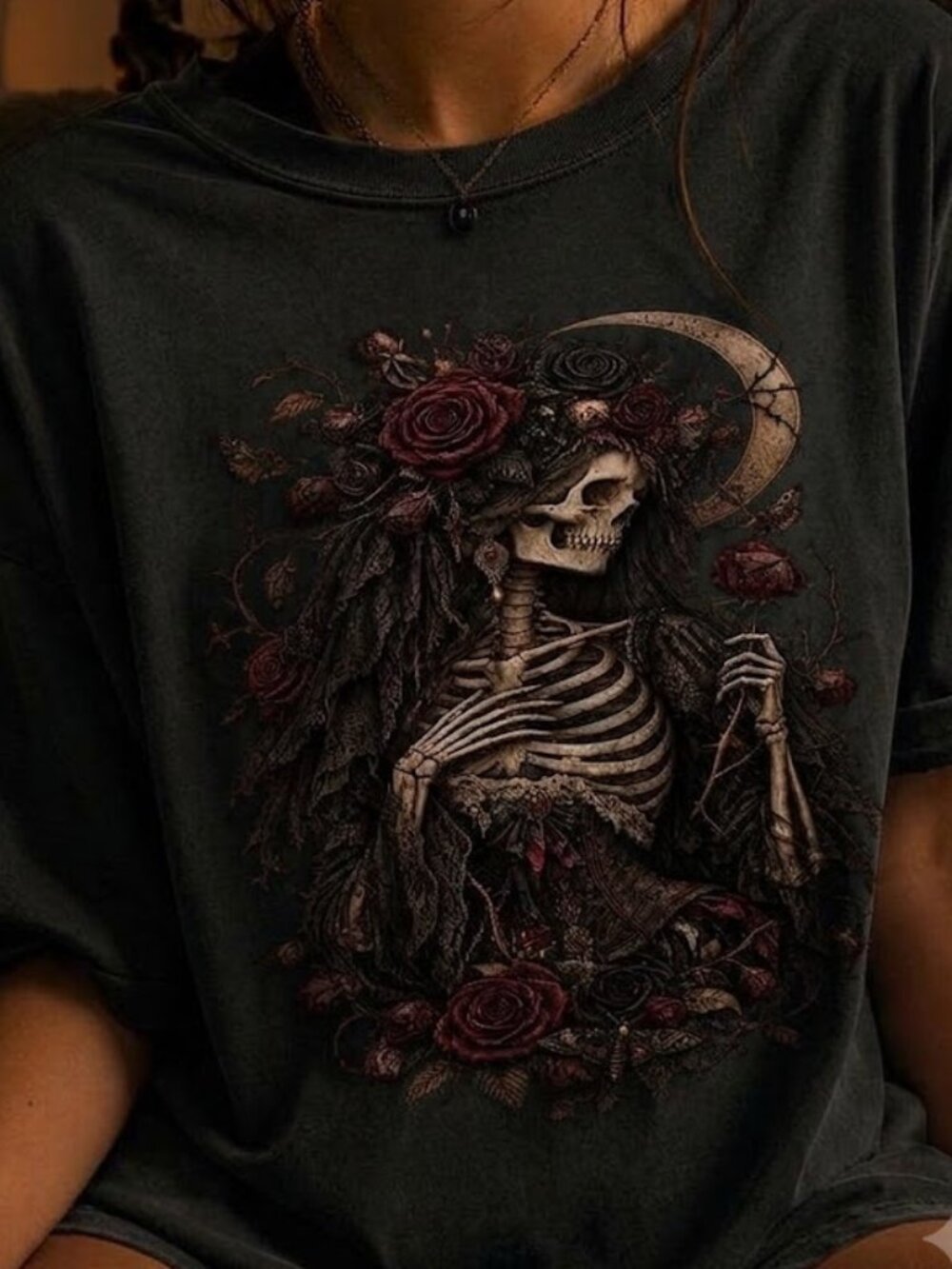 Gothic Skeleton Roses Victorian Moon Tee